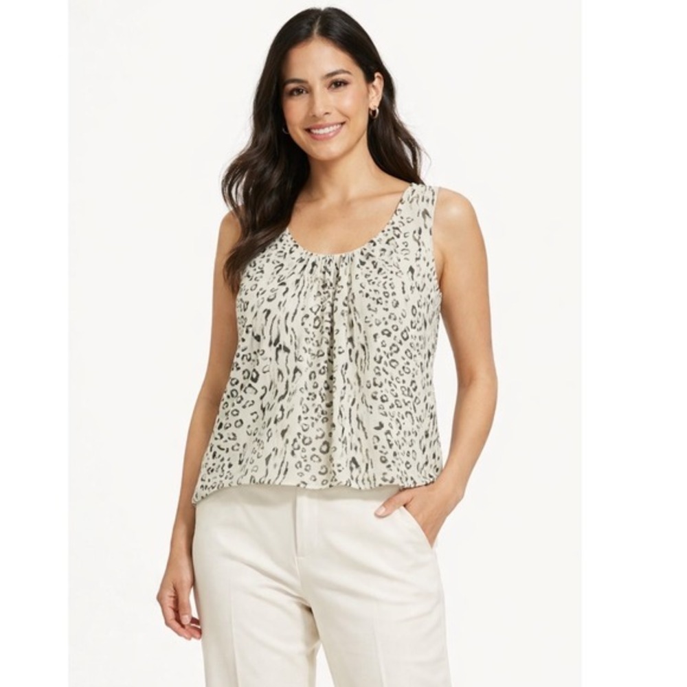 LOFT Animal Print Sleeveless Blouse Neutral Leopard Scoop Neck M Preppy 70-29